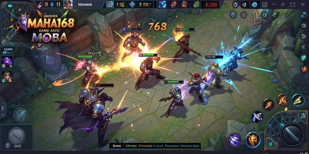 Screenshot gameplay MOBA dari MAHA168 dengan aksi intens.