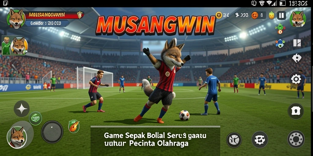 Screenshot gameplay MUSANGWIN yang menampilkan aksi sepak bola seru.
