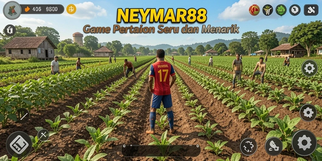 Screenshot gameplay NEYMAR88 menunjukkan ladang pertanian yang subur dan hewan ternak yang bahagia.