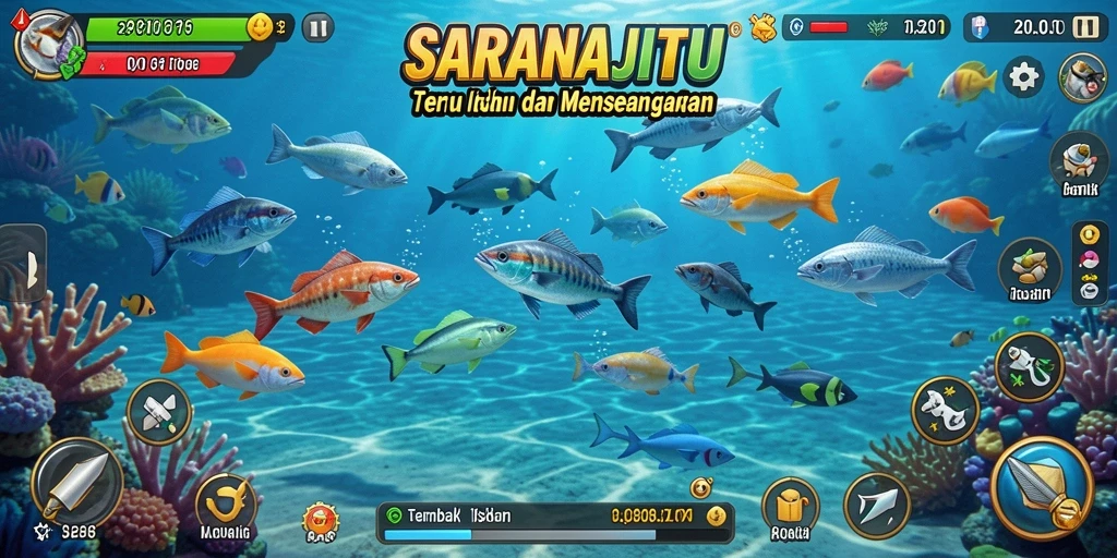 Tangkapan layar gameplay SARANAJITU menampilkan keseruan memancing ikan.